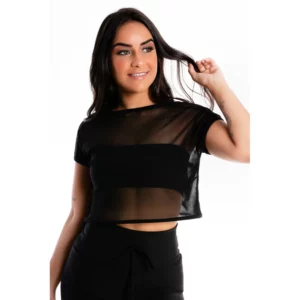 Blusa Cropped Preta Transparente Com Cropped Preto Tomara que Caia REF: LX299